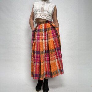 Maeve (Anthropologie) Glitchy Orange Plaid Midi-Skirt